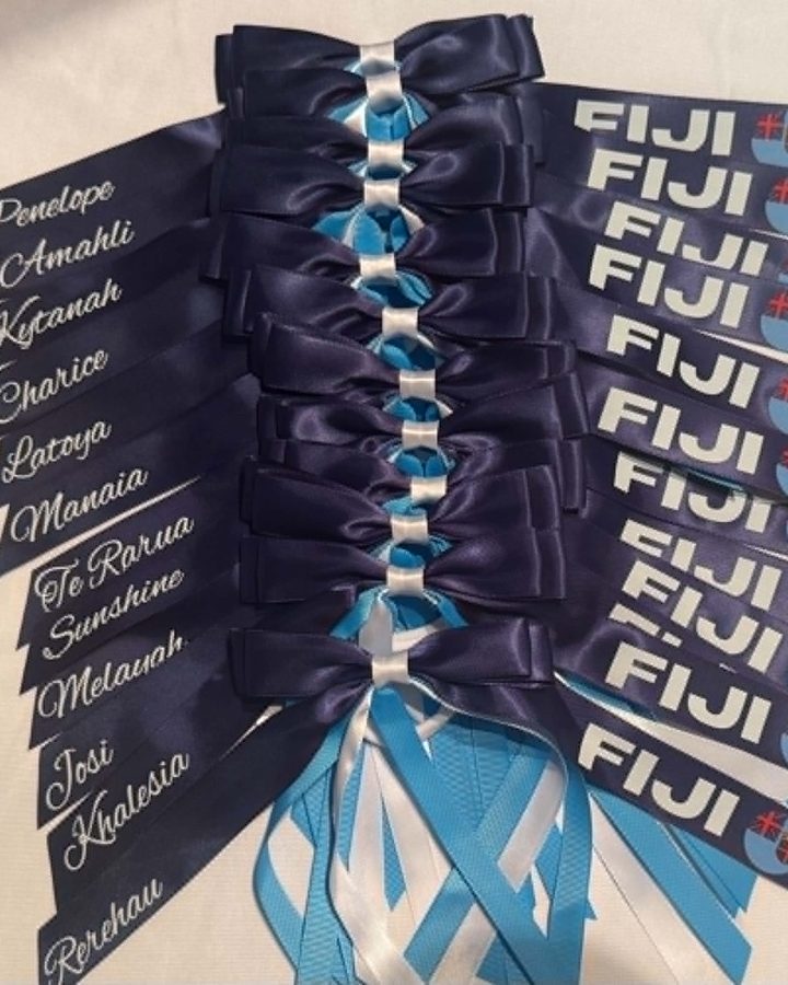 Navy, sky blue and white Fiji ribbons with names