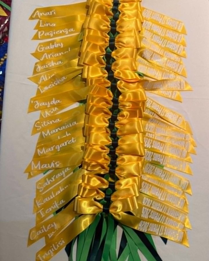Gold and green ribbons with names